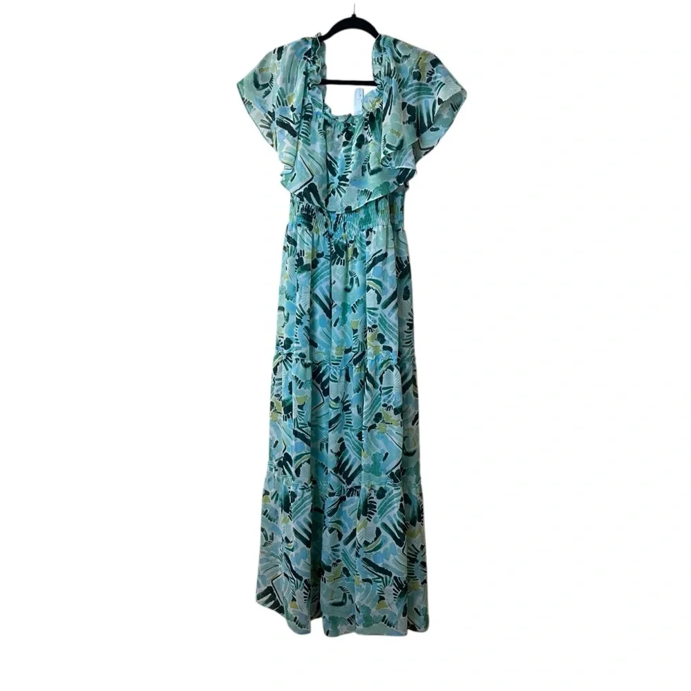 Rabbit Designs Tropical Off the Shoulder Smocked Waist Tiered Maxi Dress Sz 10